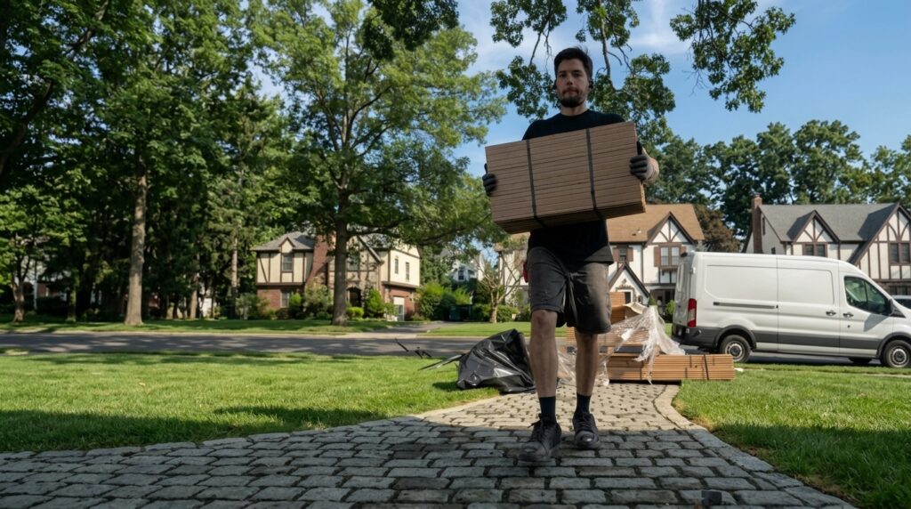 Flooring installer carrying flooring materials up a walkway from a work van