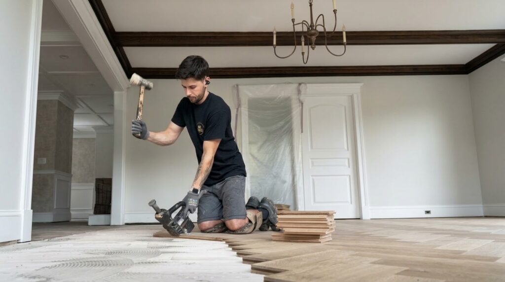 Installer laying herringbone flooring in a large residential room